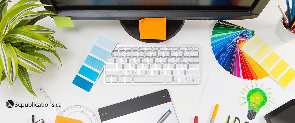 A computer monitor and keyboard with colour swatches and the 3c publications logo.