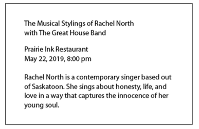 An advertisement for "The Musical Stylings of Rachel North with the Great House Band" with the location, date, and description. Space has been added after the title and the date to separate different elements.