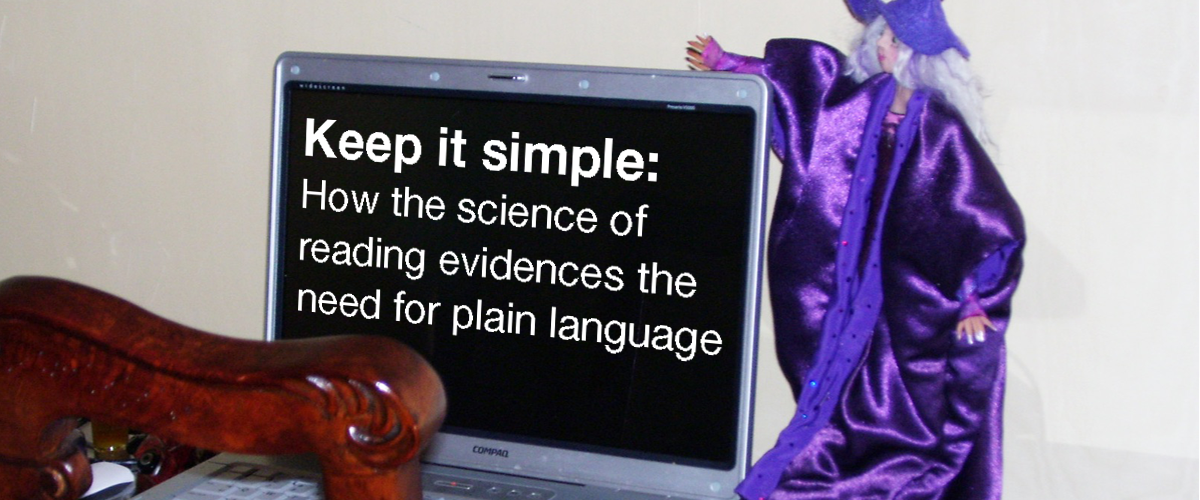 A witch in purple next to a laptop with the words "Keep it simple: How the science of reading evidences the need for plain language" on the screen.