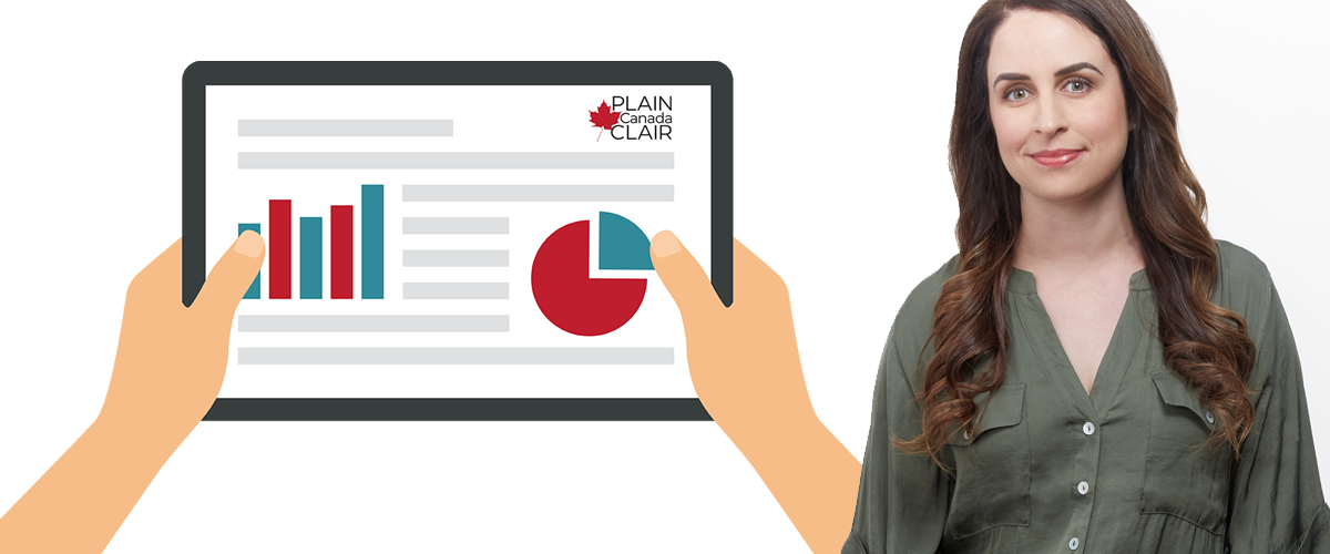 On the left is a tablet screen with a bar graph, a pie chart, and the PLAIN Canada CLAIR logo. On the right is Flora Gordon.