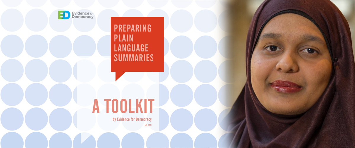 On the left is the Evidence for Democracy logo and the words "Preparing Plain Language Summaries: A Toolkit". On the right is Farah Qaiser.