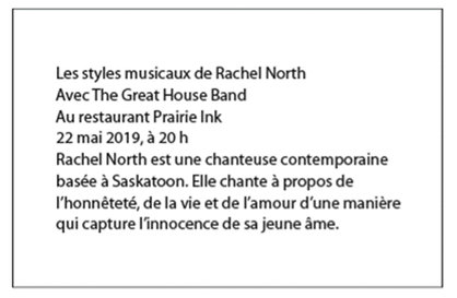 Une publicité pour "The Musical Stylings of Rachel North with the Great House Band" avec le lieu, la date et la description.