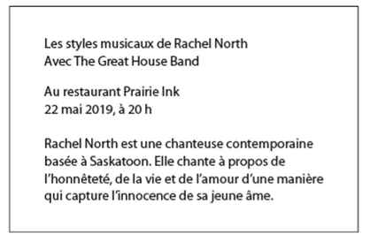 Une publicité pour "The Musical Stylings of Rachel North with the Great House Band" avec le lieu, la date et la description. Un espace a été ajouté après le titre et la date pour séparer les différents éléments.