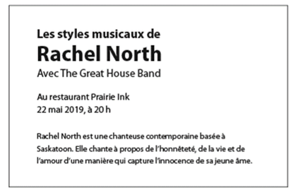 Une publicité pour "The Musical Stylings of Rachel North with the Great House Band" avec le lieu, la date et la description. Un espace a été ajouté après le titre et la date pour séparer les différents éléments, et le titre a été agrandi.