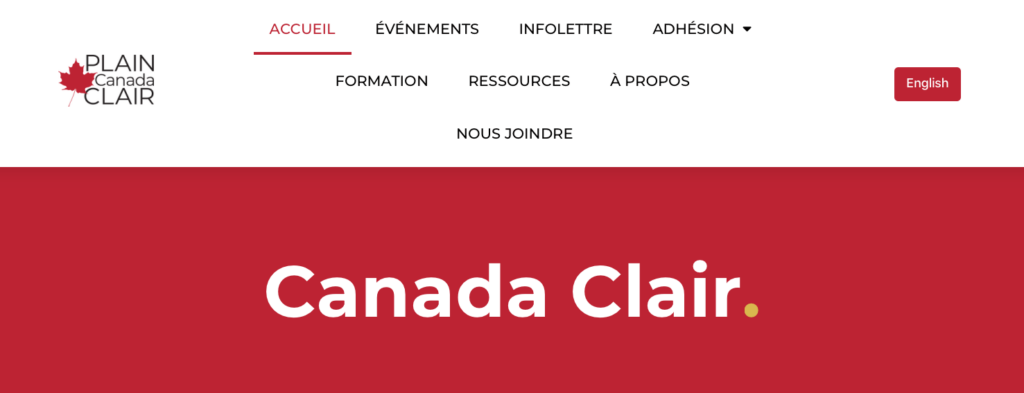 Capture d'écran du nouveau site Web de Canada Clair, avec le logo de Canada Clair, le menu du site Web, un sélecteur de langue et une bannière avec les mots « Canada Clair ».