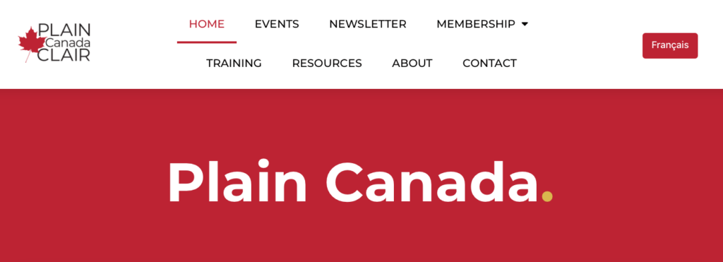 Screenshot of the new Plain Canada website, with the Plain Canada logo, the website menu, a language switcher, and a banner with the words "Plain Canada."